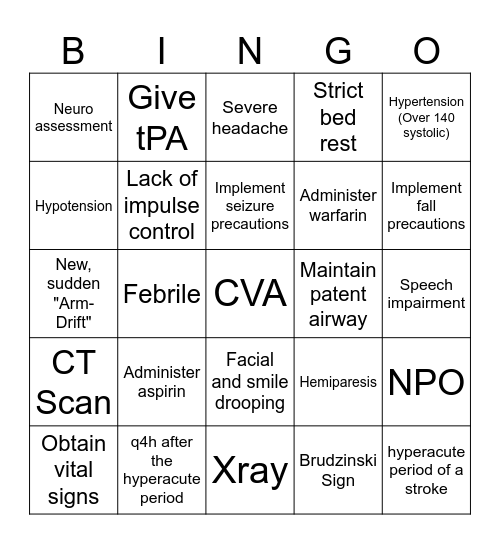 STROKE!!! Bingo Card