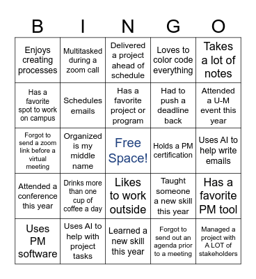 Project Management Bingo Card