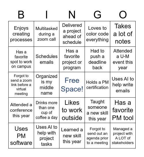 Project Management Bingo Card