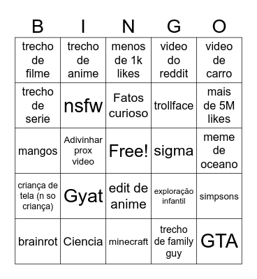 Youtube shorts Bingo Card