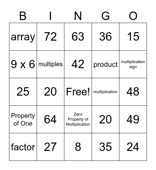 Multiplication Bingo Card