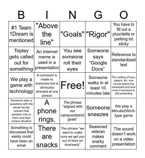 W.T. Faculty Meeting BINGO Card