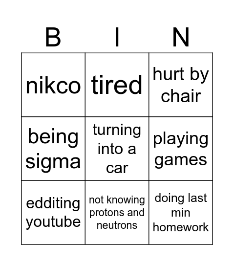 niko Bingo Card