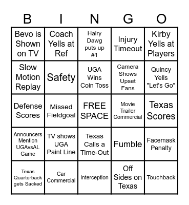 GEORGIA VS TEXAS Bingo Card