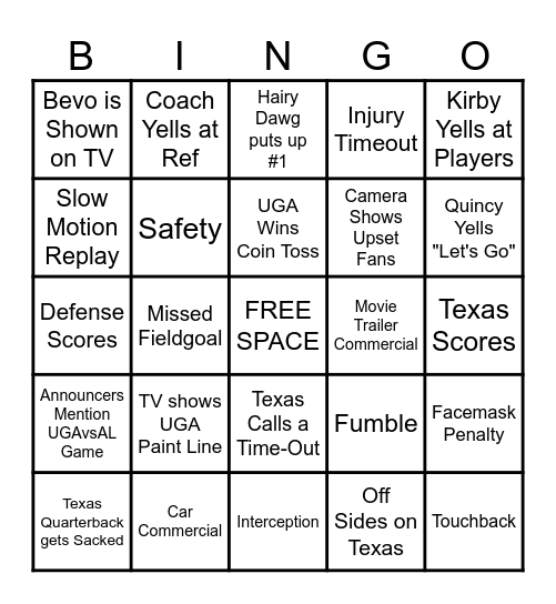 GEORGIA VS TEXAS Bingo Card