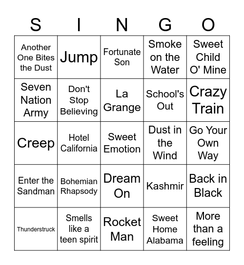 Classic Rock Bingo Card