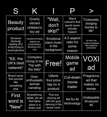 YouTube Ad Bingo Card