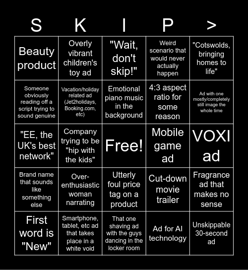 YouTube Ad Bingo Card