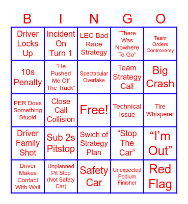 Austin Grand Prix Bingo Card