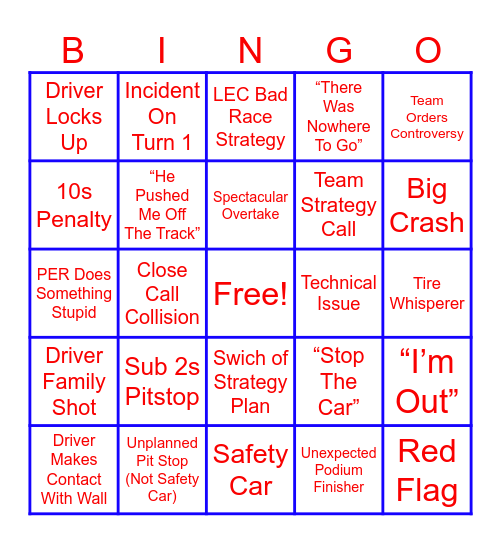 Austin Grand Prix Bingo Card