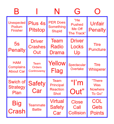Austin Grand Prix Bingo Card