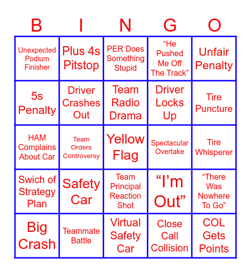 Austin Grand Prix Bingo Card