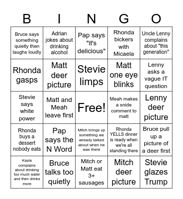 Family Function Bingo Card