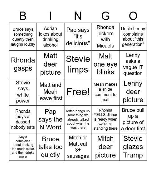 Family Function Bingo Card