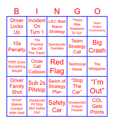 Austin Grand Prix Bingo Card