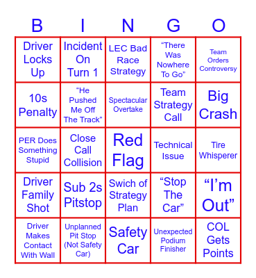 Austin Grand Prix Bingo Card