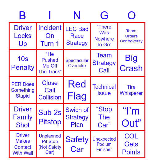 Austin Grand Prix Bingo Card