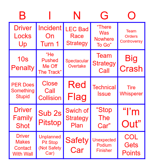 Austin Grand Prix Bingo Card