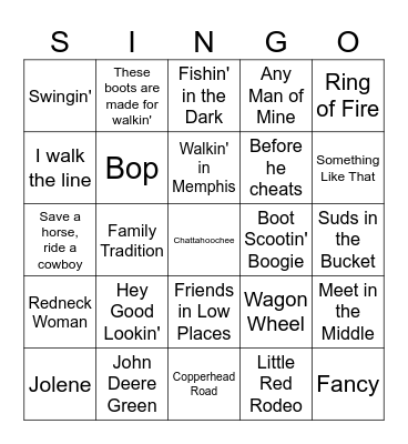 Country Music Singo Bingo Card