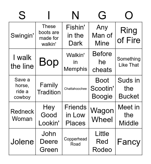 Country Music Singo Bingo Card