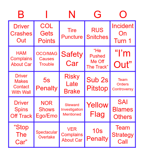 Austin Grand Prix Bingo Card