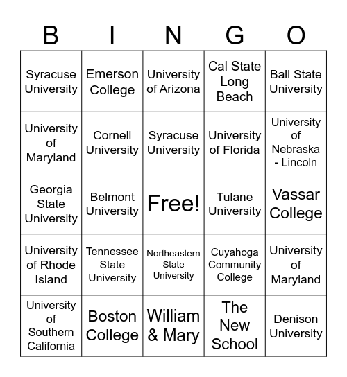 College Bingo! Bingo Card