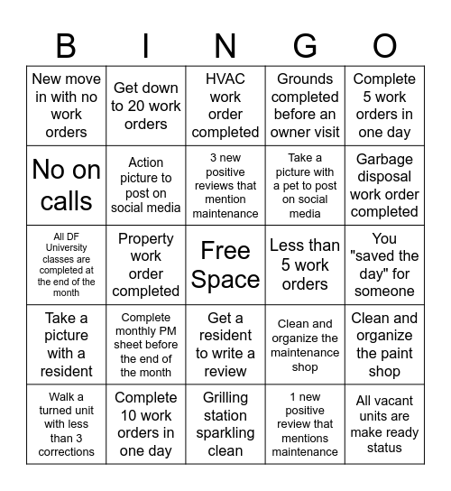 Strathmoor Maintenance Bingo Card