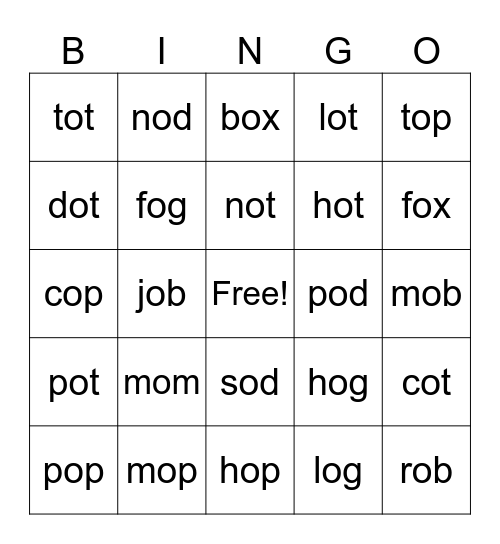 1st Grade Short 'o' Bingo Card