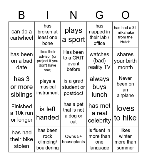 GRIT URM Mixer Bingo Card