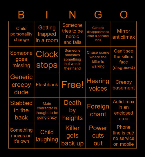 Horror movie Bingo Card