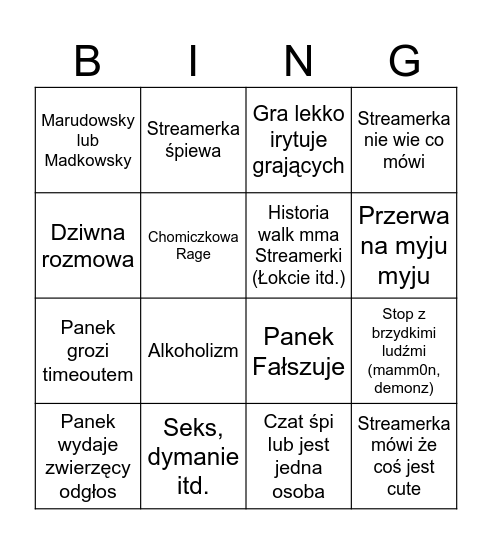 XXUniverses BINGO StreamUWU Bingo Card