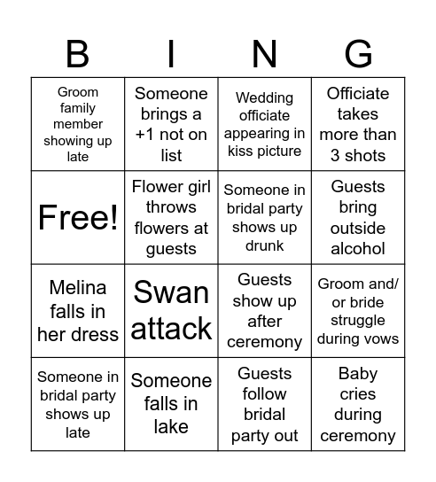 Bryan & Melina’s Wedding Bingo Card