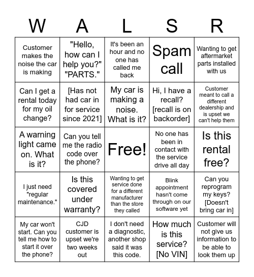 Walser Auto BDC Bingo Card