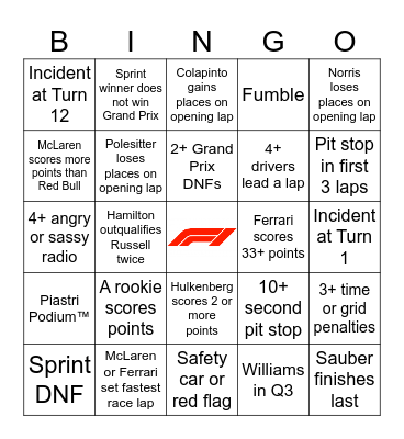 F1 Bingo - Austin 2024 Bingo Card