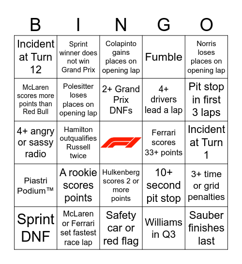 F1 Bingo - Austin 2024 Bingo Card