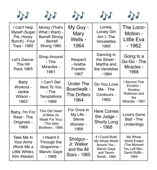 1960's Motown Bingo Card