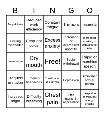 Signs & Symptoms of Stress Bingo Card