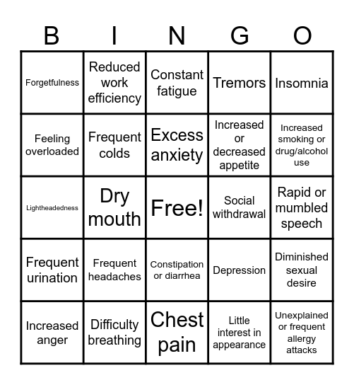 Signs & Symptoms of Stress Bingo Card