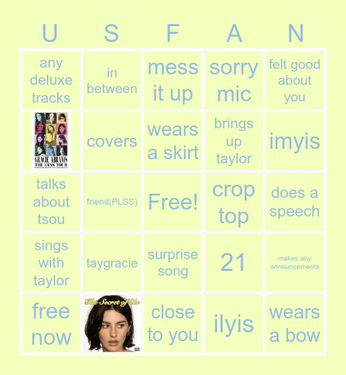 gracie abrams setlist bingo!!⭐️ Bingo Card