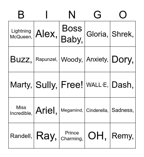 Disney-Pixar Bingo Card