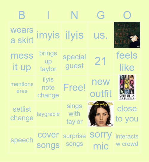 gracie abrams setlist bingo!!⭐️ Bingo Card