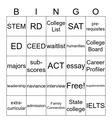 College Counseling Bingo Card