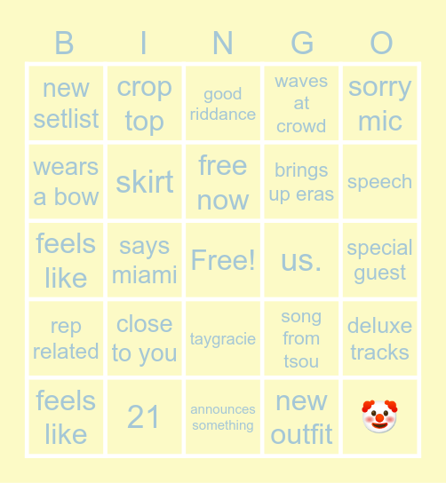 gracie setlist!!⭐️⭐️ Bingo Card