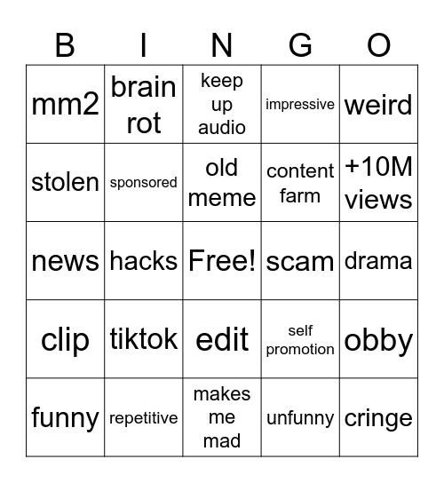 Roblox bingo Card