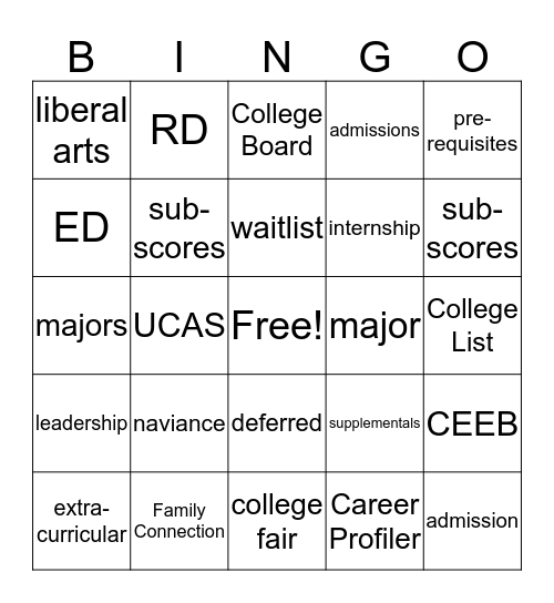 College Counseling Bingo Card