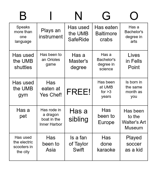 UMB USGA Human Bingo Card