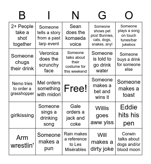 Carousing bingo Card