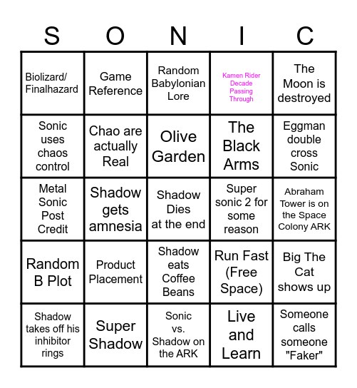 Sonic Movie 3 Bingo Card Bingo Card