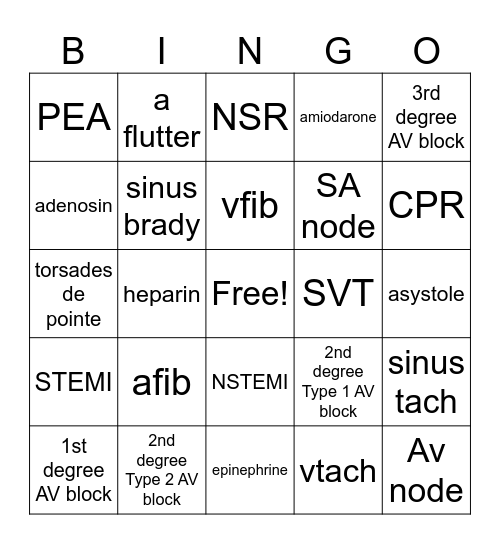 Cardiac Bingo Card