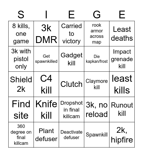 Siege Bingo Card